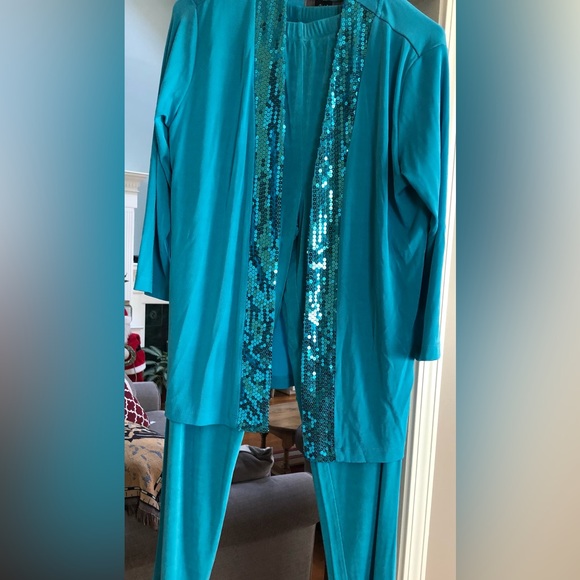 SLINKY BRAND Turquoise Sequin Accented Two Pc Slacks & Open Sweater  NWT Size S - Picture 1 of 3